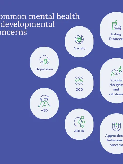 Our psychiatric services address a range of common mental health and developmental concerns. This includes support for anxiety, depression, OCD, ASD, ADHD, eating disorders, and aggression, ensuring your child gets the specific care they need.
