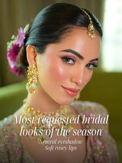 This is one of the most requested bridal looks of the season. It’s all about that perfect balance: a neutral eyeshadow that defines the eyes, paired with soft, rosy lips for a fresh and romantic feel.