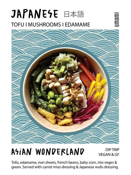 Inspired by Japan, our Asian Wonderland bowl is a celebration of umami. It combines delicate tofu, edamame, nori sheets, and crisp vegetables, served with our homemade carrot miso and Japanese wufu dressings.
