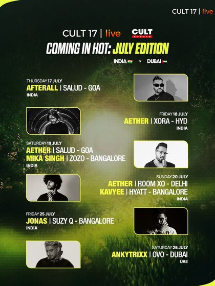 Our monthly calendars showcase our packed schedule of events across India and Dubai, featuring a mix of international headliners like Aether and Bollywood stars like Mika Singh.