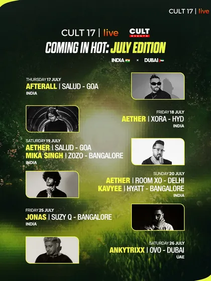Our monthly calendars showcase our packed schedule of events across India and Dubai, featuring a mix of international headliners like Aether and Bollywood stars like Mika Singh.