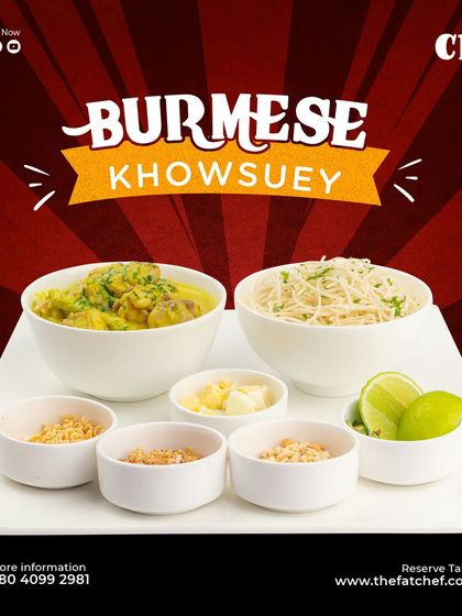 A bowlful of happiness awaits. Our Burmese Khowsuey is a comforting noodle dish with a delicately spiced coconut milk sauce, served with an array of condiments.