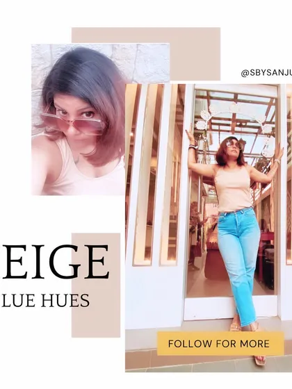 A simple beige tank top paired with straight-leg blue jeans is the foundation for a perfect relaxed afternoon outfit. It’s all about comfortable, well-fitting basics that make you feel good.