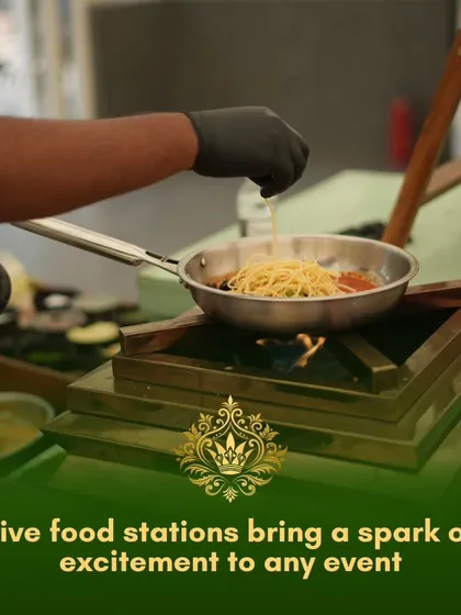 Live food stations bring a spark of excitement to any event. Here, a chef prepares fresh pasta to order, providing an interactive and engaging culinary experience for guests.