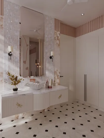 This wide shot shows the complete vanity wall with its floating cabinet, shell basin, and mother-of-pearl backsplash. The adjacent full-height wardrobe provides ample storage, making the bathroom as practical as it is beautiful.