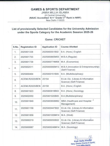 The provisionally selected list for Cricket for the 2025-26 session. You can see the variety of courses, from B.A. (Hons.) English to MBA, that our athletes get admitted into.