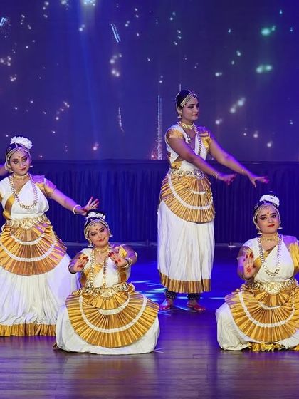 Our intermediate ladies' batch presenting a beautiful Mohiniyattam piece. The traditional white and gold costumes and graceful movements capture the essence of this Keralan dance form.