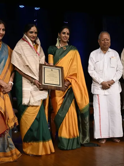 A photograph with the accomplished Carnatic musicians Ranjani and Gayatri, who were awarded the Sangeeta Choodamani title at the same ceremony.