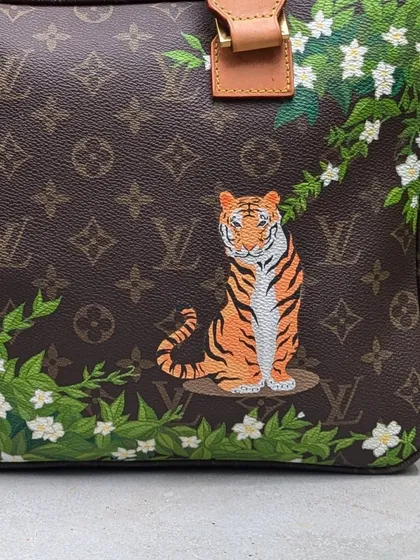 The details are everything. This close-up of the Zen Tigress shows the clean lines and color blending I use to make the artwork pop against the LV monogram canvas.