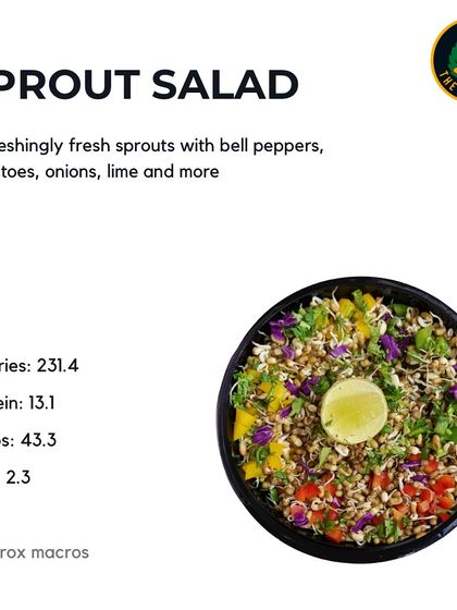 The Sprout Salad is packed with life. Refreshingly fresh sprouts are mixed with bell peppers, tomatoes, onions, and lime for a zesty and crunchy experience.