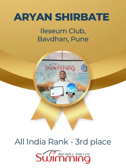 A big congratulations to Coach Aryan Shirbate from The Ileseum Club, Bavdhan, for earning the 3rd place All India Rank. We thank him for his hard work and dedication in guiding our swimmers.