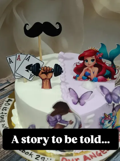 A half-and-half cake that tells two stories at once. One side is for the dad who loves cards and working out, and the other is for the daughter who loves mermaids and unicorns.