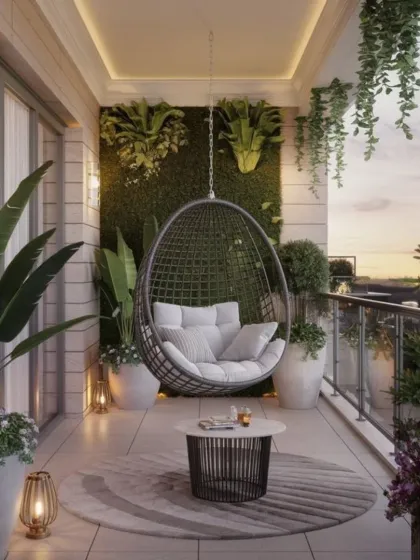A popular feature we incorporate is the hanging swing chair, creating a perfect reading nook. In this urban balcony design, we paired it with a vertical moss wall and layered plants in weatherproof planters for a serene, resort-like feel.