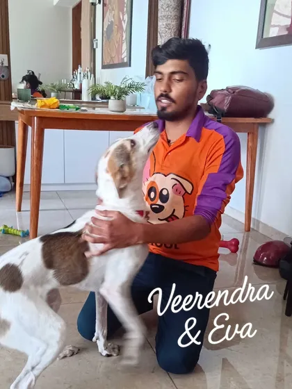 This is Veerendra and Eva, a shy rescue pup, sharing a sweet moment after her grooming session. Her parent told us at-home grooming was the perfect solution for her anxiety about going out. We pride ourselves on being patient and gentle with nervous dogs.