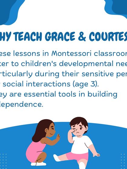 These infographics define "Grace and Courtesy," explaining why teaching polite social interaction and respectful physical movement is essential for building independence.