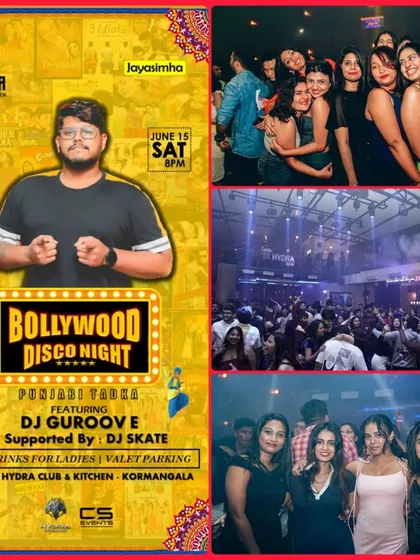 A collage-style flyer for my 'Bollywood Disco Night' at Hydra Club, showing the high-energy crowd and party pictures from previous nights.