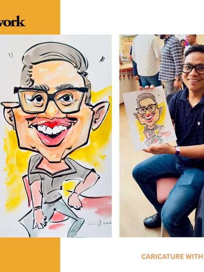 The transformation from reality to caricature at a WeWork event. It's always fun to see how a person's features can be exaggerated into a work of art.