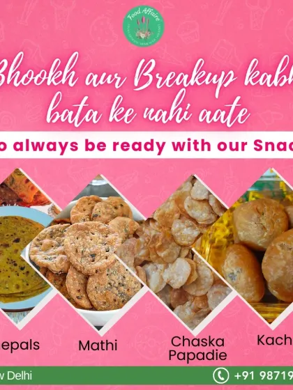 Bhookh aur breakup kabhi bata ke nahi aate! So it's always good to be ready with our snacks like Theplas, Mathi, Chaska Papdi, and Kachoris.