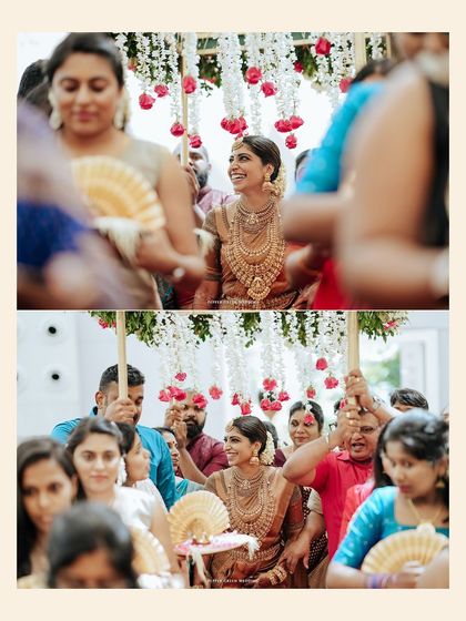 A collage showing the bride Sradha's grand entrance, surrounded by her loved ones. This captures the energy and excitement of the procession.