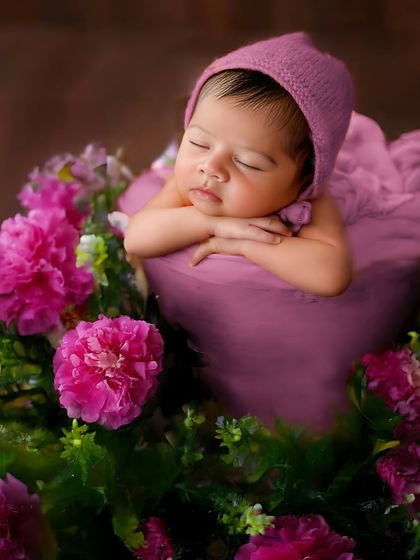 Surrounded by beautiful pink flowers, this little one looks like a sleeping princess. I use a variety of floral arrangements to match any color scheme or theme you have in mind.