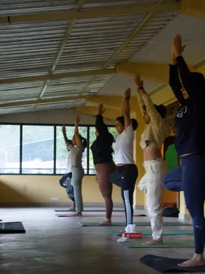 Guiding a group through Vrikshasana (Tree Pose) at our hillside retreat. This pose is a beautiful reminder of finding stability and grace, even when things feel wobbly.
