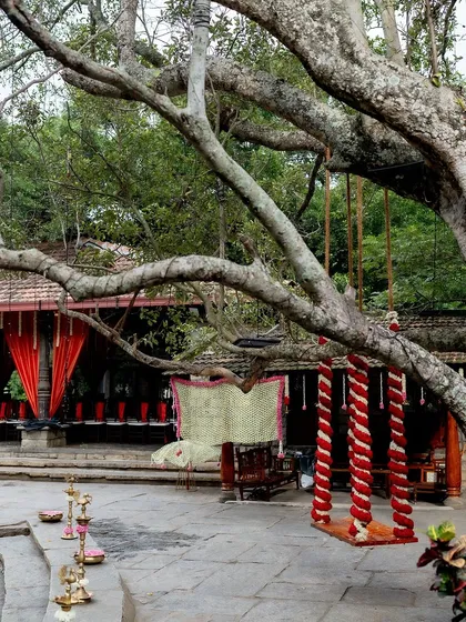 A view of the courtyard set up for a ceremony, with a floral-wrapped swing and traditional brass lamps.