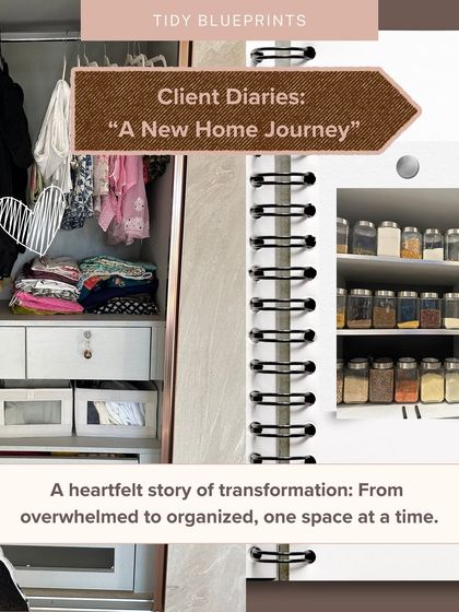 This "Client Diaries" collage showcases a new home journey. We transformed an overwhelming, box-filled house into a functional home with a new kitchen system and thoughtful wardrobe zones for the whole family.