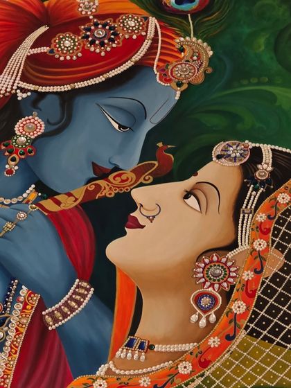 Another detail shot of the Radha Krishna painting, focusing on the expressive connection between them. Capturing this timeless tale of love on canvas is always a deeply spiritual and rewarding process for me.