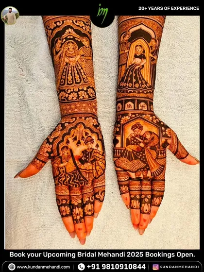 This bridal design is filled with scenes from a wedding. It shows the 'pheras' ceremony on one palm and another romantic couple portrait, with the bride and groom depicted on the forearms.