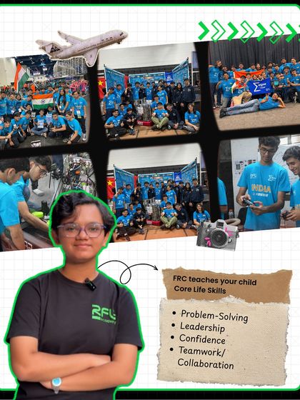 This graphic explains that FRC teaches core life skills like problem-solving, leadership, and collaboration, which are more valuable than grades on a report card. It features one of our students and images from the competition.
