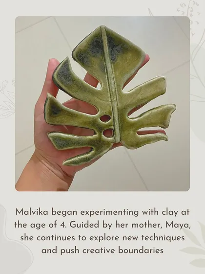 This monstera leaf spoon rest is a piece by my daughter, Malvika. She has been playing with clay since she was four and loves creating nature-inspired art.