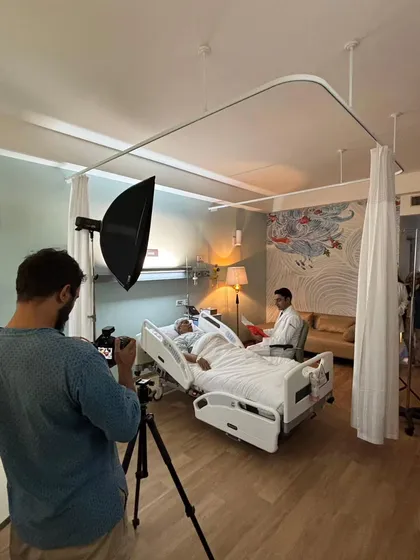 A wide shot of the filming setup at the Medanta shoot. This shows the professional environment I am used to working in, collaborating with a full production crew.