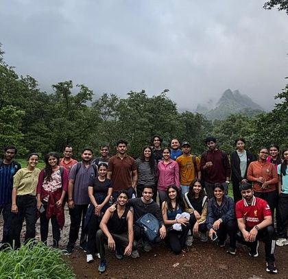The entire crew for the Kalu Waterfall trek, geared up for a day of hiking through the beautiful Sahyadri mountains.