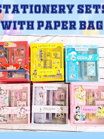A selection of the available stationery set themes, including Spider-Man, Minions, Doraemon, Unicorn, Frozen, and Princess.