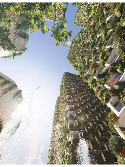 Looking up from the central water feature at Sky Gardens, the green towers rise towards the sky, creating a stunning and unique urban canyon.