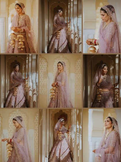 A collage of a Sikh bride in her beautiful pastel lehenga, captured in various poses within ornate doorways.