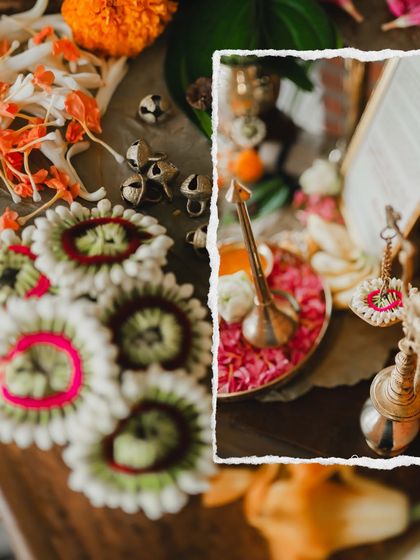 A collage of traditional details from the housewarming, including ghungroos and floral arrangements.