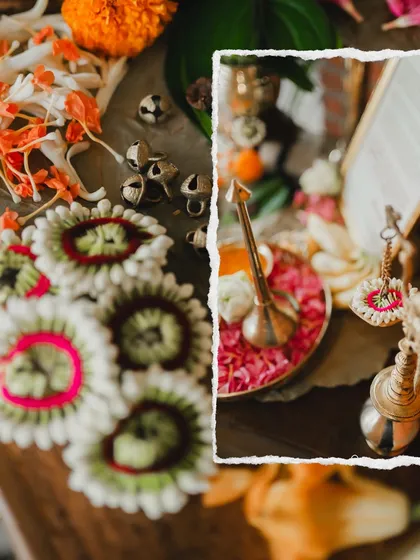 A collage of traditional details from the housewarming, including ghungroos and floral arrangements.