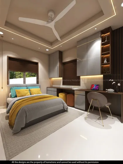 This view of the kids' bedroom shows the built-in shelving and study area, designed to be both practical for homework and stylish.