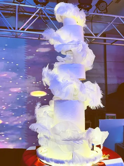 This was a dream to create. A six-foot-tall wedding cake designed to look like a flowing gown, adorned with delicate white feathers. It's a perfect example of how I blend artistic vision with baking to create a centerpiece that tells a unique love story.