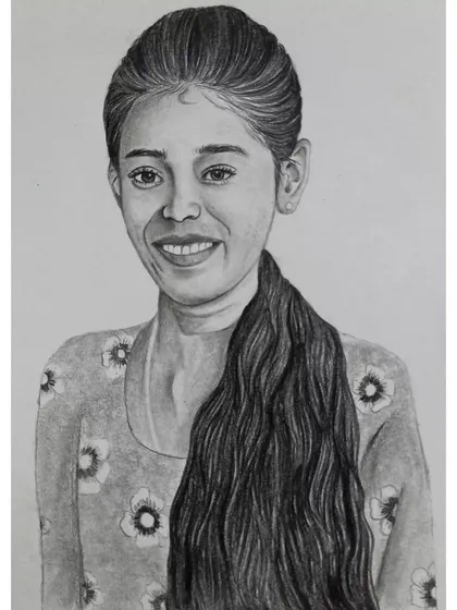 A lovely A5 pencil sketch of a smiling young woman with long hair. This is a great example of a simple yet beautiful personal portrait.