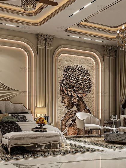 A bedroom that exudes grandeur, blending classic architectural elements like Corinthian columns with modern art and furniture. The mosaic artwork of an African woman adds a powerful and unique cultural touch.