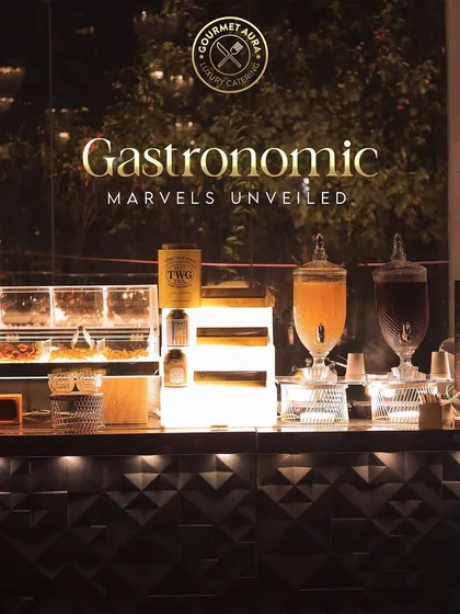 Our "Gastronomic Marvels Unveiled" beverage station, featuring artisanal teas and infused drinks.
