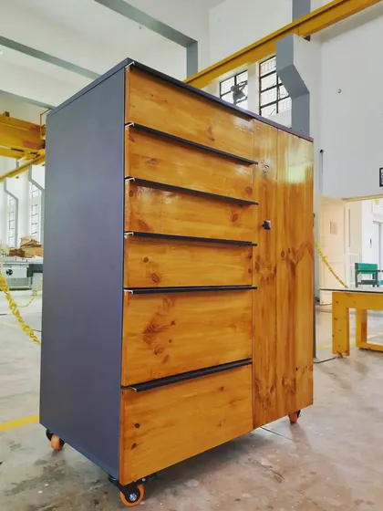 Another angle of the finished mobile cabinet, showing how the caster wheels add mobility and an industrial touch to the design.