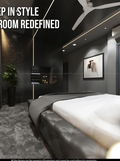 Sleep in style. This bedroom is redefined with a dramatic, all-black theme, from the fluted ceiling and walls to the tufted leather bed, creating an exceptionally bold and luxurious statement.