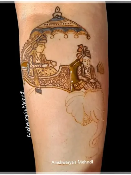 A sketch-like version of the elephant procession design, showing the initial phase of the artwork before all the filling is complete.