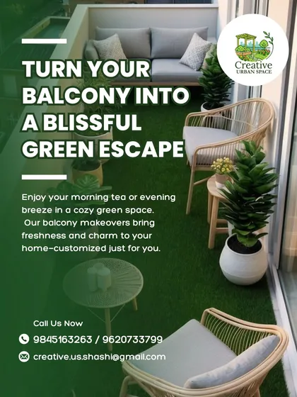 A blissful green escape, created on a simple apartment balcony. The combination of soft artificial turf, comfortable modern seating, and potted plants brings instant freshness and charm, making it the perfect spot for morning tea.