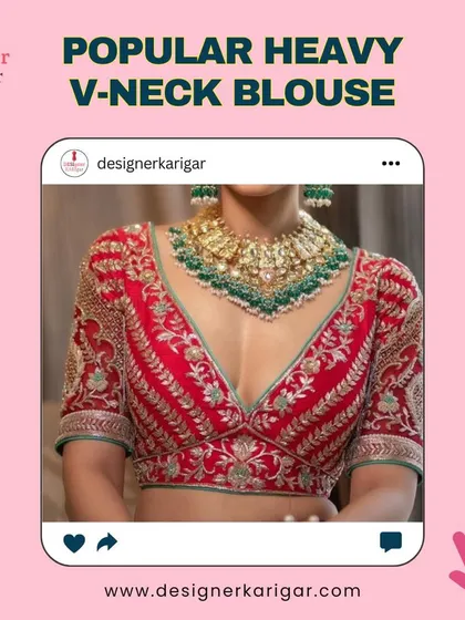 A classic red bridal V-neck blouse with heavy gold and green embroidery. This design pairs beautifully with traditional wedding sarees and lehengas.