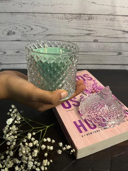 Another shot of our crystal candle, this time in a mint green. It's a perfect decor piece and a luxurious gift.