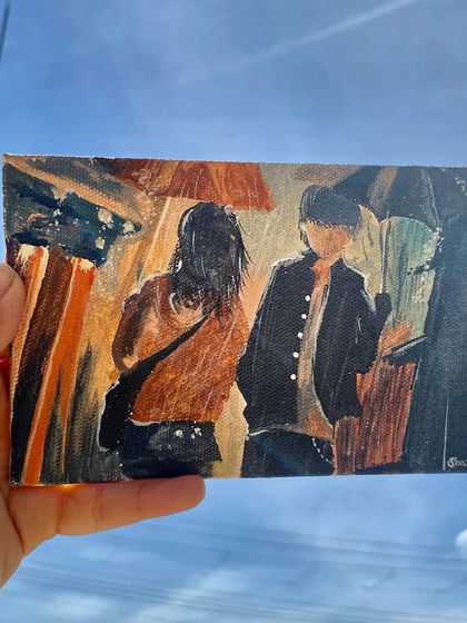 A more abstract, impressionistic style portrait of a couple. This small canvas captures a mood and a moment, making for a unique and artistic personalized gift.